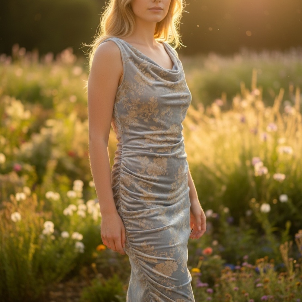 Ethereal Blue Velvet Burnout Sheer Mesh Maxi Dress XL Bodycon Stretch Fairycore